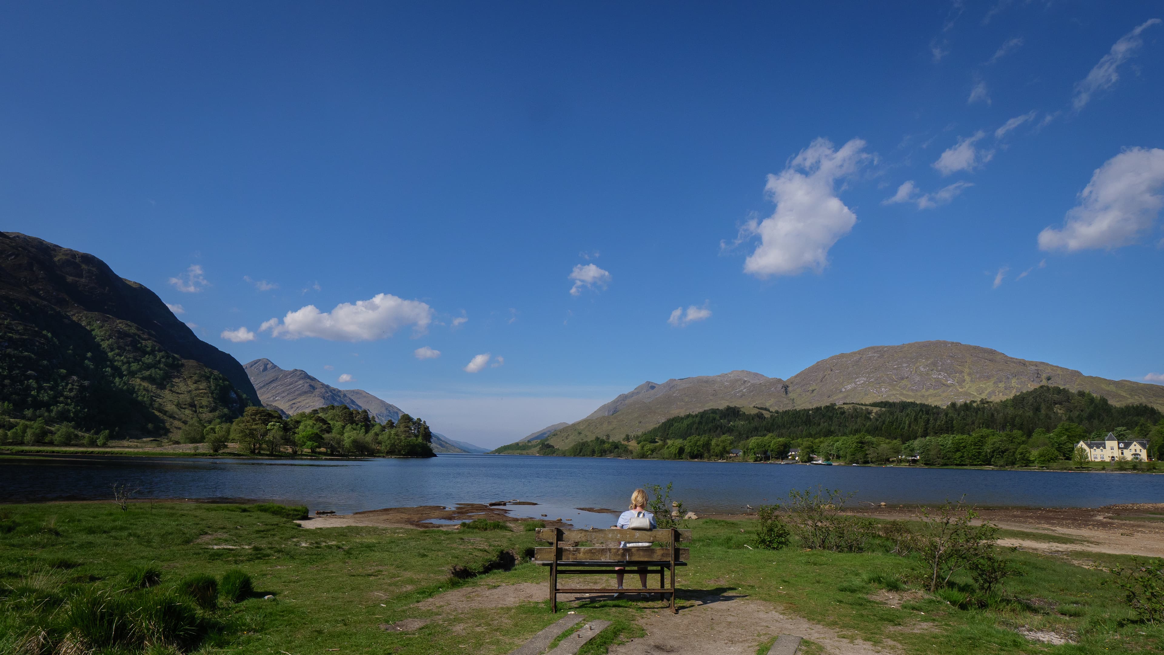 A quiet view across Loch Shiel beneath a clear blue sky